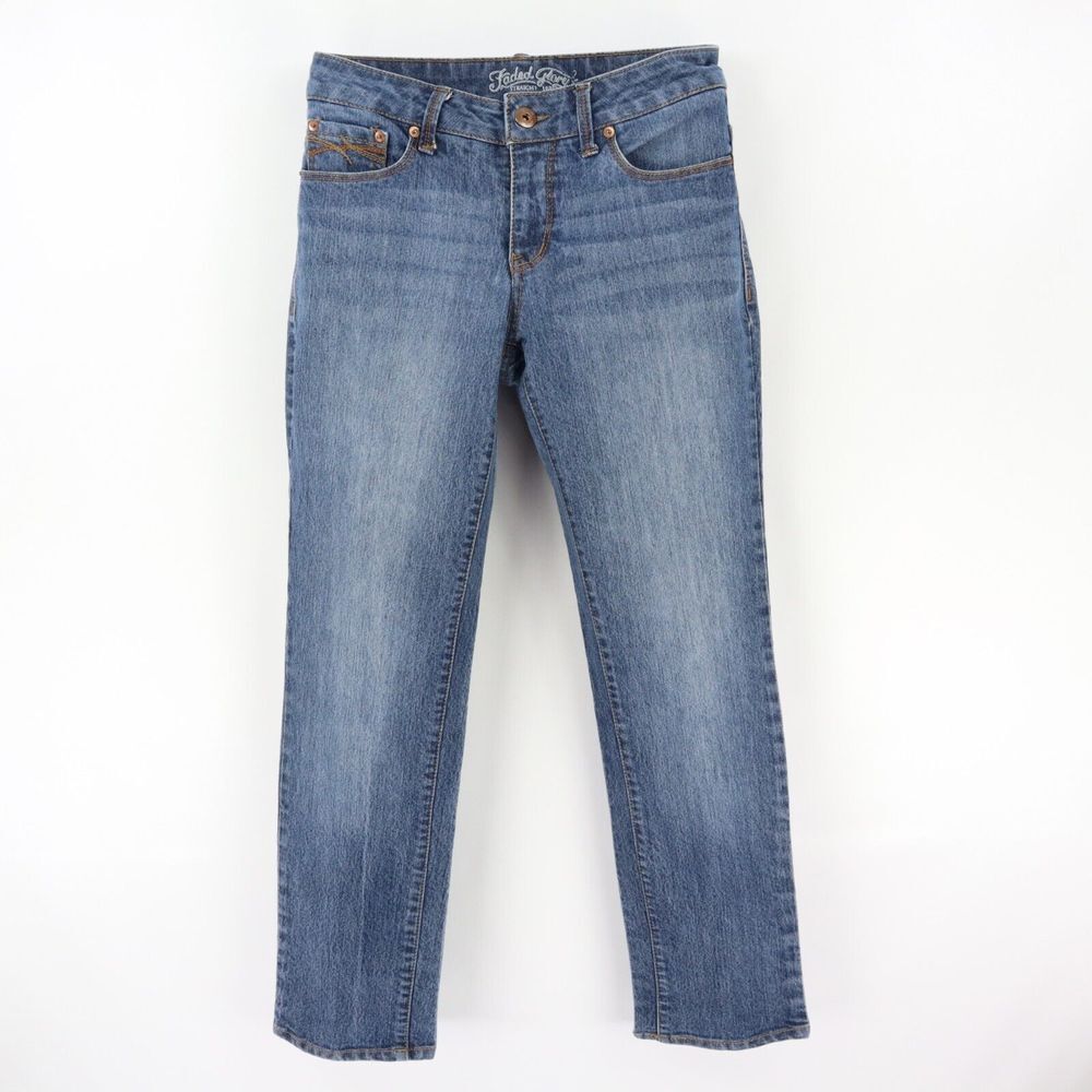 Faded Glory Jeans Low Rise Straight Leg Womens Size 10P Blue Faded Denim